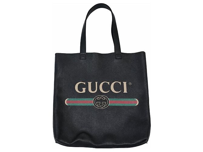 Gucci Web Logo Print Leder Shopper Bag Schwarz - Ansicht 2