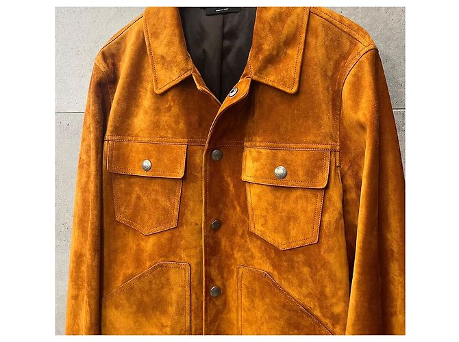 Tom Ford Giacca Trucker in Camoscio e Cashmere Arancione - vista 3