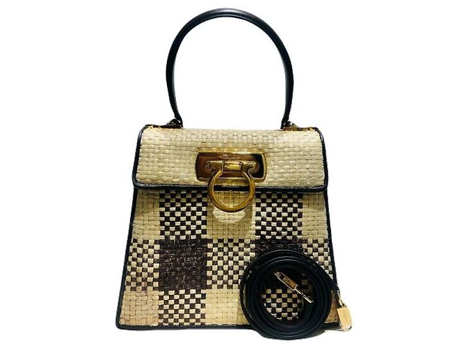 Salvatore Ferragamo Iconica borsa tote in rafia Gancini con manico e tracolla Marrone - vista 5