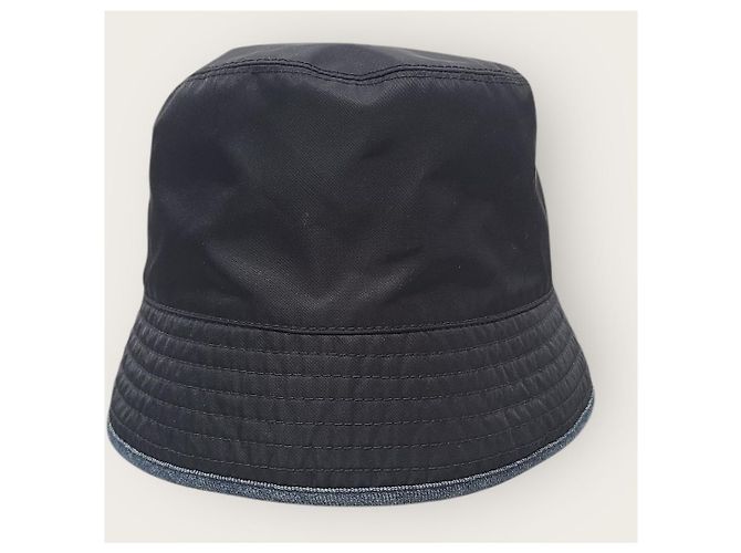 Prada Black Denim Recycled Nylon Reversible Triangle Logo Bucket Hat Blue - view 2