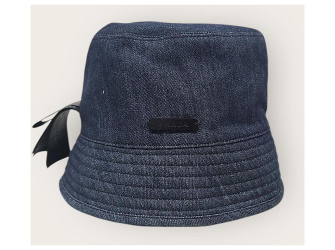 Prada Black Denim Recycled Nylon Reversible Triangle Logo Bucket Hat Blue - view 4