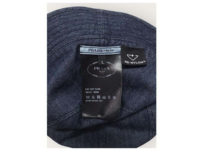 Prada Black Denim Recycled Nylon Reversible Triangle Logo Bucket Hat Blue - view 6