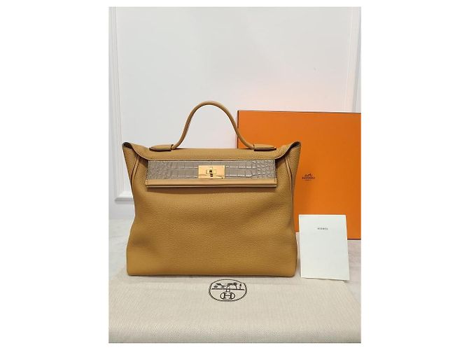 Hermès Borsa Kelly in Alligator Togo Swift Oro Caramello Marrone - vista 8