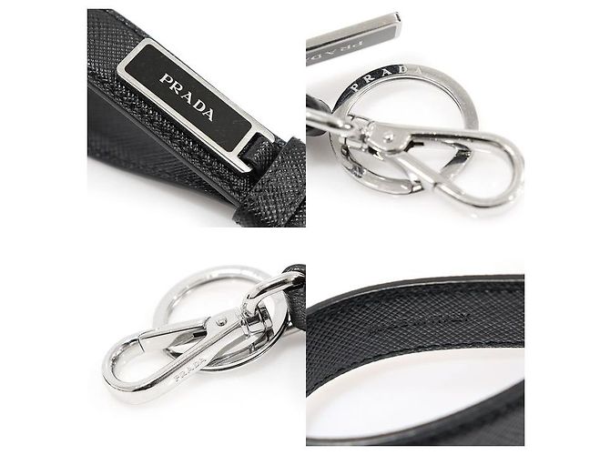 Prada Schwarzer Saffiano-Leder Schlüsselanhänger mit geteiltem Ring und Emaille-Logo - Ansicht 7
