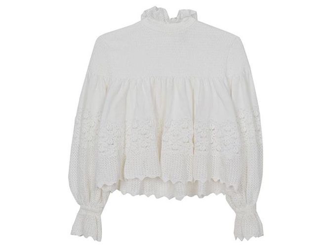 Chanel Größe White Cotton Blend Puff Sleeve Crop Knit Weiß - Ansicht 2