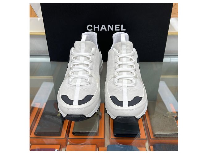 Chanel CC Logo Sneakers Suede White Silvery - view 5