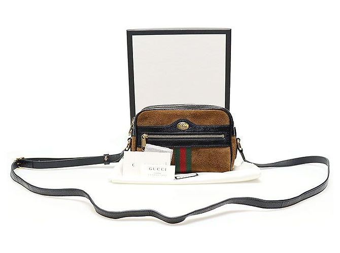 Gucci Mini tracolla WEB Ophidia in scamosciato marrone e pelle vernice nera - vista 2