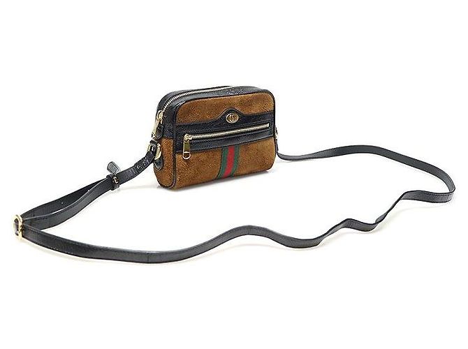 Gucci Mini tracolla WEB Ophidia in scamosciato marrone e pelle vernice nera - vista 3