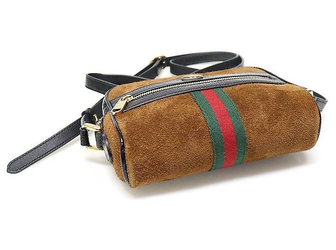 Gucci Mini tracolla WEB Ophidia in scamosciato marrone e pelle vernice nera - vista 5