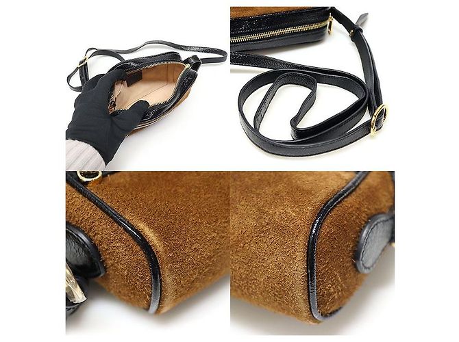 Gucci Mini tracolla WEB Ophidia in scamosciato marrone e pelle vernice nera - vista 6