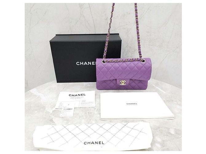 Chanel Nuova Borsa a Spalla Classic Piccola Viola Oro Champagne Porpora - vista 8