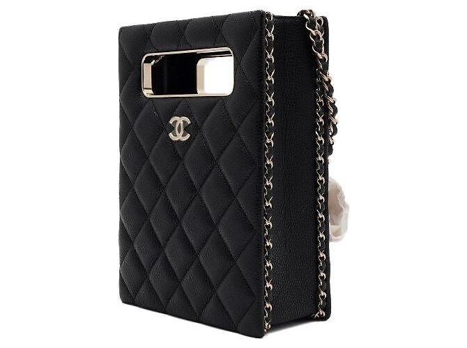 Chanel Bolsa Tote Black Caviar Gold Chain Evening Box Crossbody Preto - vista 3