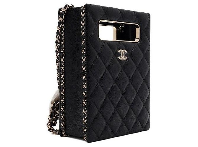 Chanel Bolsa Tote Black Caviar Gold Chain Evening Box Crossbody Preto - vista 4
