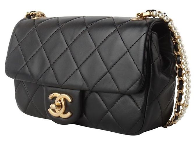 Chanel Mini bolsa de aba Classic em couro de vitelo e pérolas com corrente de pérolas Preto - vista 2