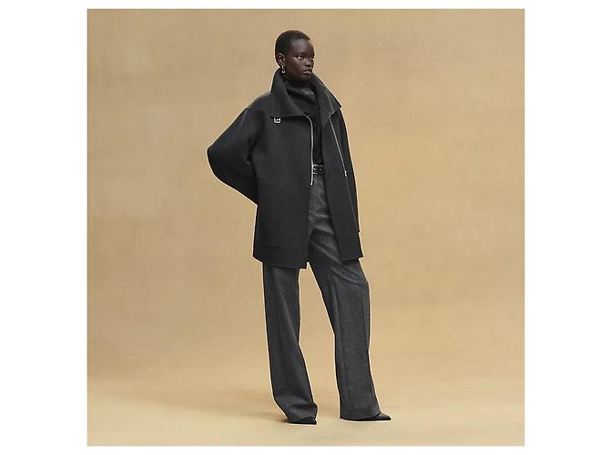 Hermès Casaco de cashmere para mulher com detalhes em couro e feltro Preto - vista 3