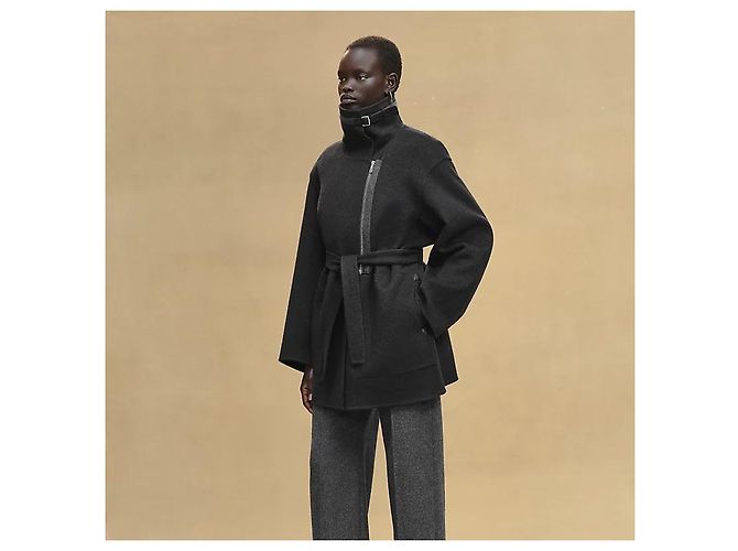 Hermès Casaco de cashmere para mulher com detalhes em couro e feltro Preto - vista 4