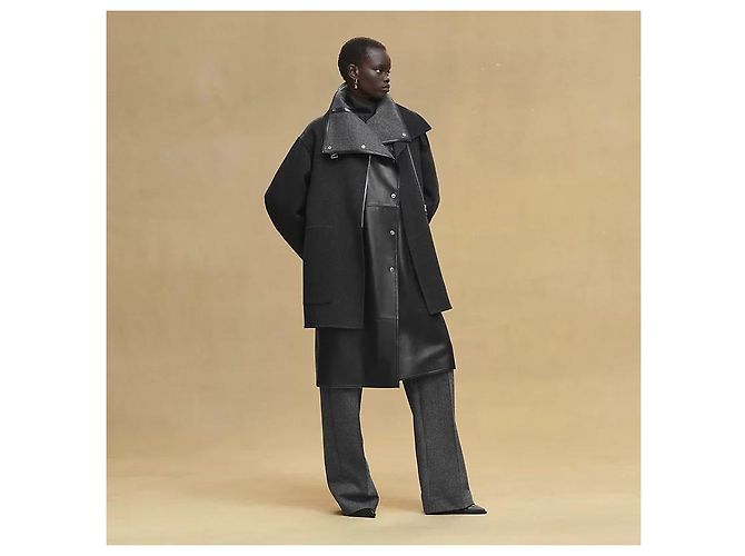 Hermès Casaco de cashmere para mulher com detalhes em couro e feltro Preto - vista 7