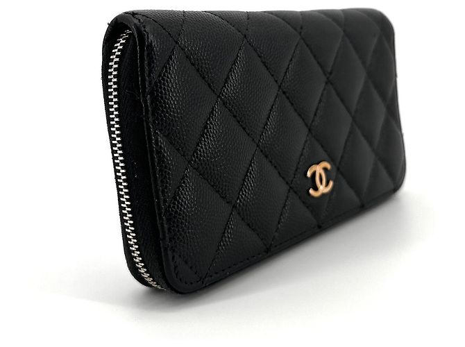 Chanel Portafoglio Medium Caviar Gold con Cerniera Nero - vista 5