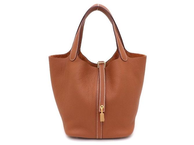 Hermès Bolsa Tote Lock Picotin Camel com ferragem Gold em couro Taurillon Clemence Marrom - vista 10