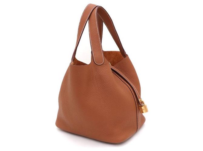 Hermès Bolsa Tote Lock Picotin Camel com ferragem Gold em couro Taurillon Clemence Marrom - vista 11