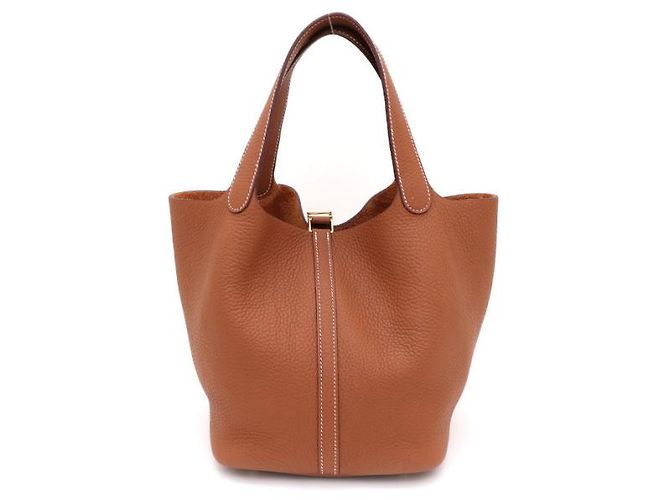 Hermès Bolsa Tote Lock Picotin Camel com ferragem Gold em couro Taurillon Clemence Marrom - vista 12