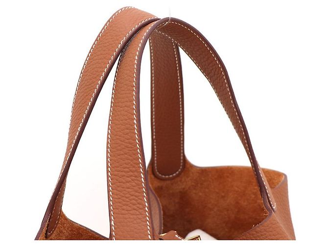 Hermès Bolsa Tote Lock Picotin Camel com ferragem Gold em couro Taurillon Clemence Marrom - vista 13