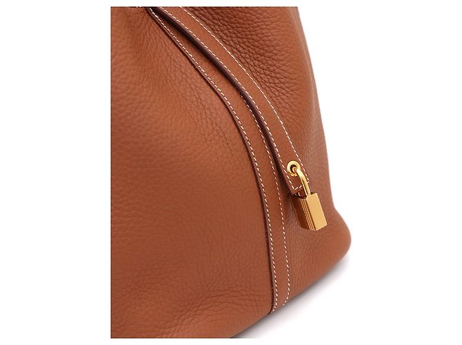 Hermès Bolsa Tote Lock Picotin Camel com ferragem Gold em couro Taurillon Clemence Marrom - vista 14