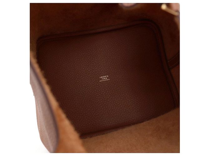 Hermès Bolsa Tote Lock Picotin Camel com ferragem Gold em couro Taurillon Clemence Marrom - vista 17