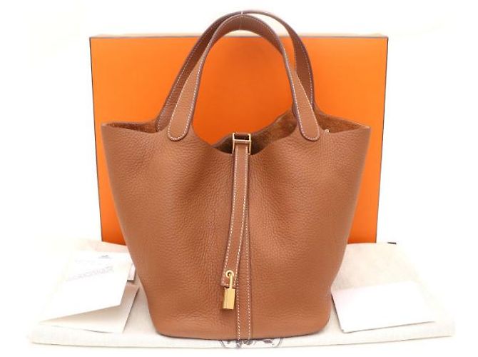 Hermès Bolsa Tote Lock Picotin Camel com ferragem Gold em couro Taurillon Clemence Marrom - vista 18