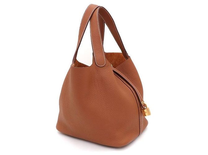 Hermès Bolsa Tote Lock Picotin Camel com ferragem Gold em couro Taurillon Clemence Marrom - vista 2