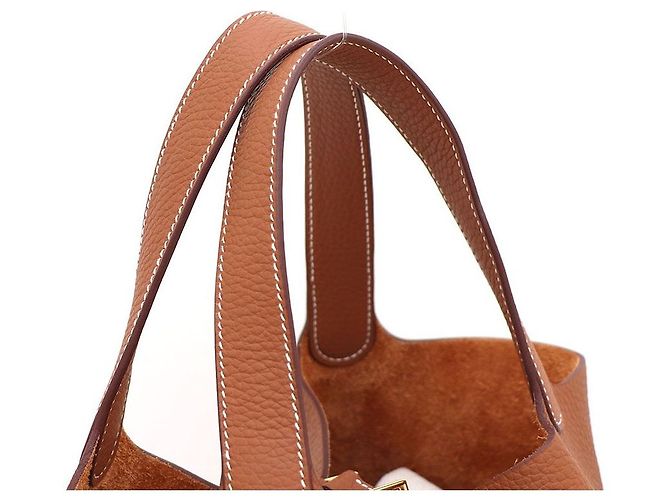 Hermès Bolsa Tote Lock Picotin Camel com ferragem Gold em couro Taurillon Clemence Marrom - vista 4