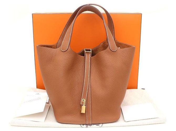 Hermès Bolsa Tote Lock Picotin Camel com ferragem Gold em couro Taurillon Clemence Marrom - vista 9