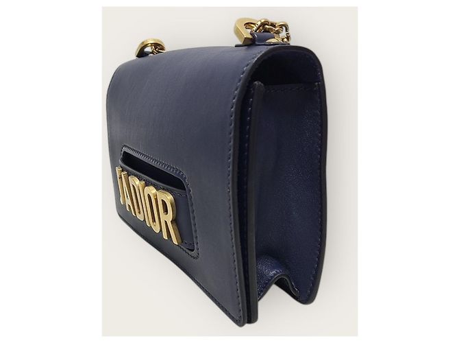 Borsa a tracolla J'adior in pelle blu navy con patta e catena dorata - vista 3