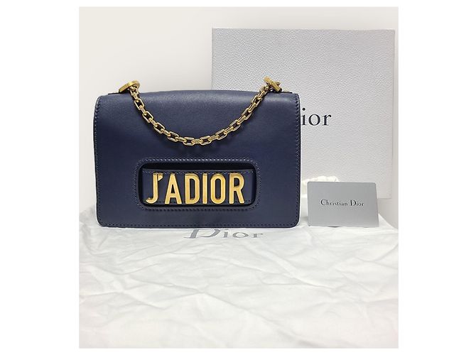 Borsa a tracolla J'adior in pelle blu navy con patta e catena dorata - vista 8