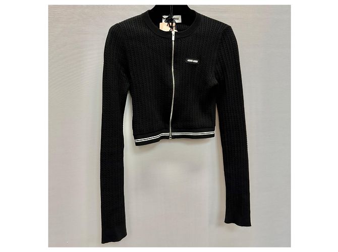 Miu Miu Logo Strickjacke mit Reißverschluss Silber - vista 3