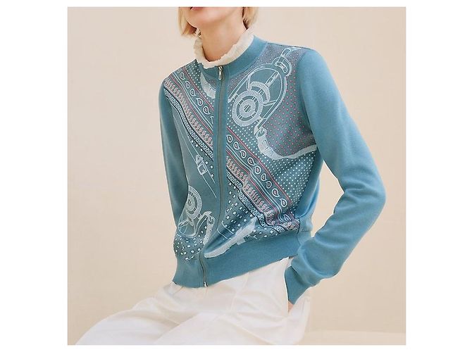 Hermès Strickjacke aus Twill mit langem Ärmel, Reißverschluss und Bandana-Muster für Damen Blau - Ansicht 2