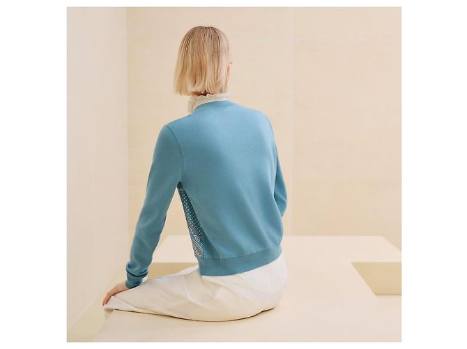 Hermès Strickjacke aus Twill mit langem Ärmel, Reißverschluss und Bandana-Muster für Damen Blau - Ansicht 3