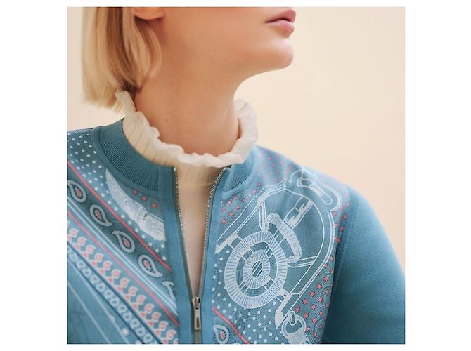 Hermès Strickjacke aus Twill mit langem Ärmel, Reißverschluss und Bandana-Muster für Damen Blau - Ansicht 4