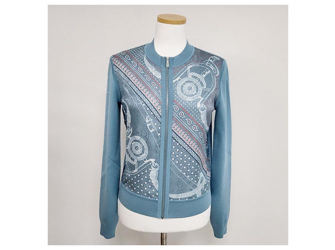 Hermès Strickjacke aus Twill mit langem Ärmel, Reißverschluss und Bandana-Muster für Damen Blau - Ansicht 5