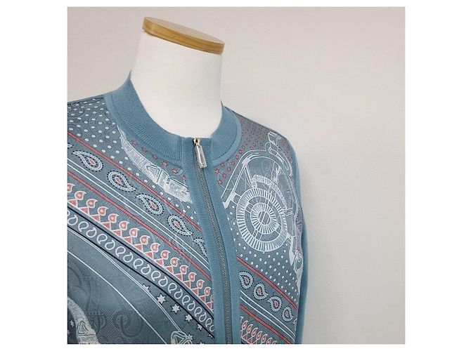 Hermès Strickjacke aus Twill mit langem Ärmel, Reißverschluss und Bandana-Muster für Damen Blau - Ansicht 7