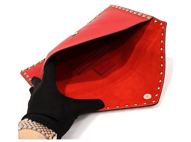 Valentino Clutch a Busta in Pelle Red Stamp Gold Rockstud Rosso - vista 5