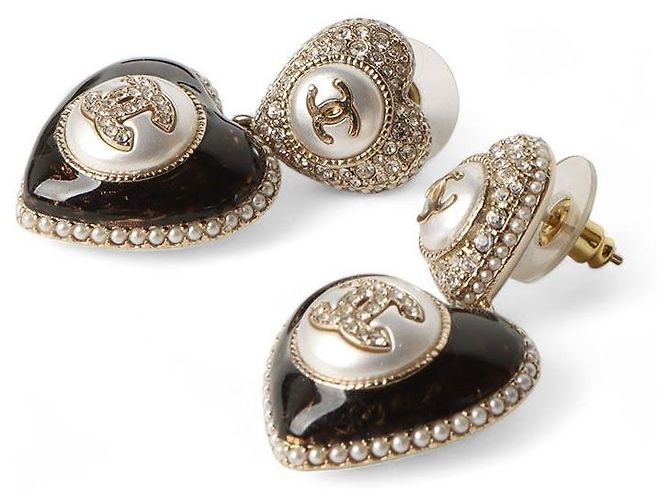 Chanel Orecchini Gold Black CC Heart Pearl Crystal Nero - vista 2