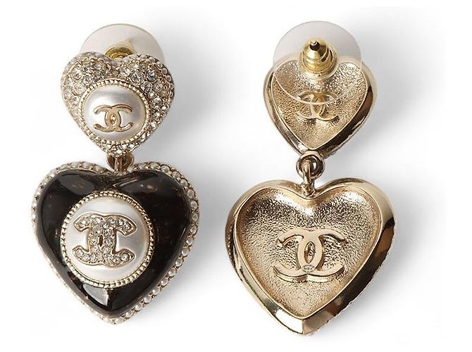 Chanel Orecchini Gold Black CC Heart Pearl Crystal Nero - vista 3