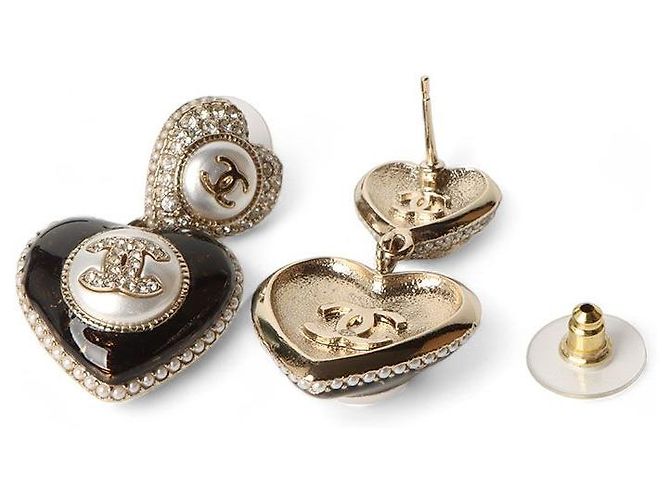 Chanel Orecchini Gold Black CC Heart Pearl Crystal Nero - vista 4