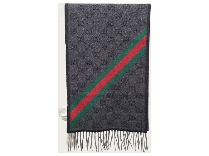 Gucci Sciarpa in lana GG Web Niki Black Charcoal Marrone - vista 2