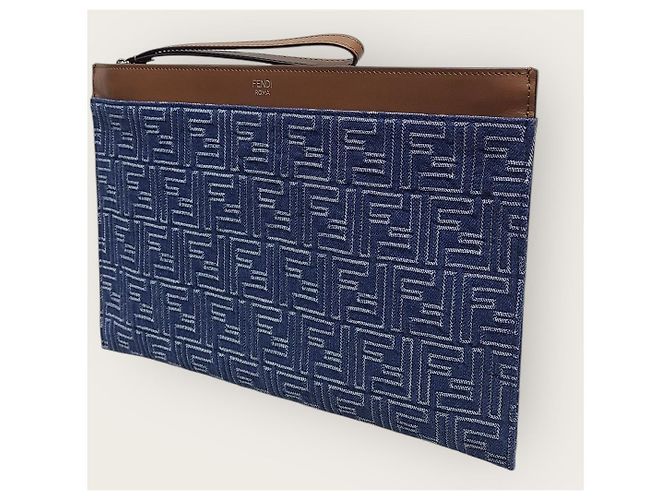 Fendi Clutch piatta in jacquard denim Medium Blu - vista 2
