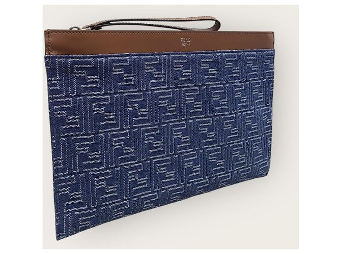 Fendi Clutch piatta in jacquard denim Medium Blu - vista 3