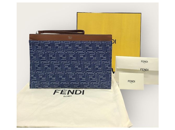 Fendi Clutch piatta in jacquard denim Medium Blu - vista 7