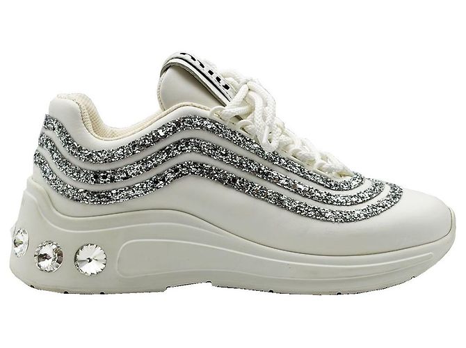 Miu Miu Sneakers in pelle bianca e cristalli Bianco - vista 7