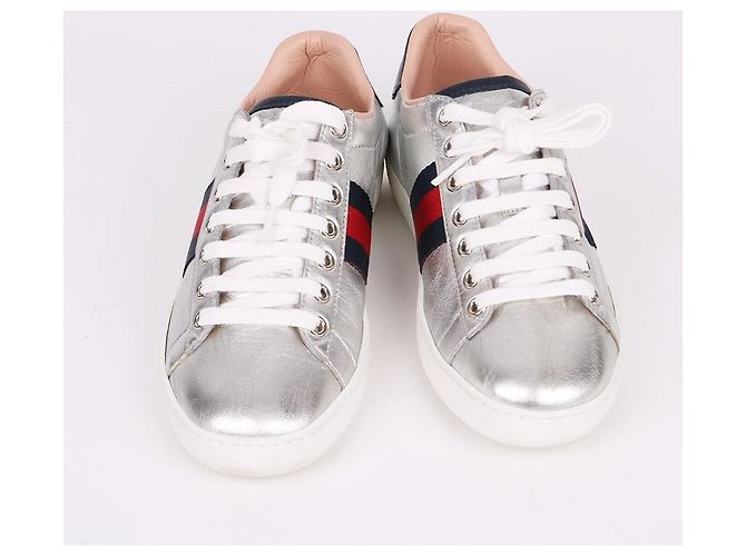 Gucci Baskets Three Stripes Argent Métallique Argenté - vue 3